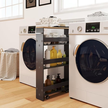 Rolling Storage Cart, 4 Tier Slim Storage Cabinet with 4 Universal Wheels, Convenient Handle, Narrow Laundry Cart for Small Space Bathroom Office