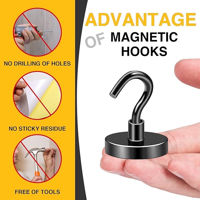 DIYMAG Black Magnetic Hooks, 120 LB Heavy Duty Strong Magnets with Hook, Rare Earth Neodymium Magnet for Cruise Cabins Ship Essentials 12 Packs