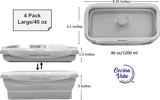 Cocina Vida Collapsible Silicone Food Storage Containers with Airtight Lids | Kitchen Stackable Lunch Box Microwave Dishwasher Safe| Set of 4 Silicone Food Storage Containers