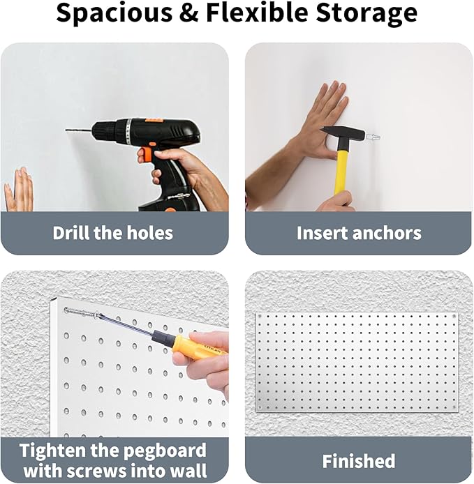 Pegboard Wall Organizer 4 PCS 24" x 12" Silvery Peg Board Metal Pegboard Panels for Garage Tool Storage