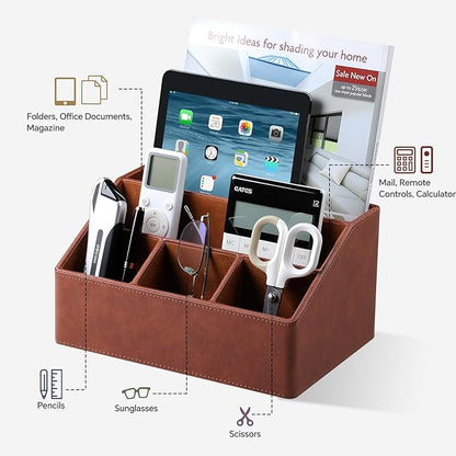 Remote Control Holder with 5 Compartments for Office Art Supplies, PU Leather Nightstand Organizer Pencil Pen Desk Caddy for Home, Desktop TV Remote Control Organizer Storage (Brown)