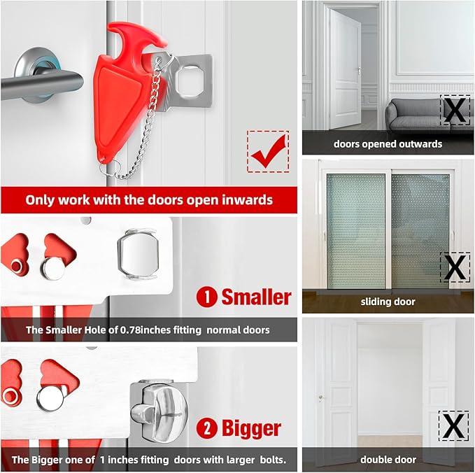 Portable Door Stop Alarm and Traveling Hotel Door Lock, No Installation Required, Provides Double Security for Home, Hotel and Traveling (1 Door Lock + 2 Door Stop)
