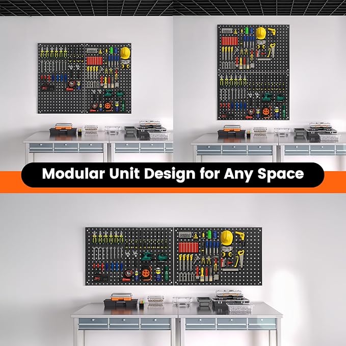 Pegboard, 2 PCS 24"×16" Metal Peg Board Panels Black Modular Wall Organizer Kit with 30 Hooks, Dual-Size Hole Design for Home Tool Storage, Garage Organization, Kitchen, Office, Craft Room