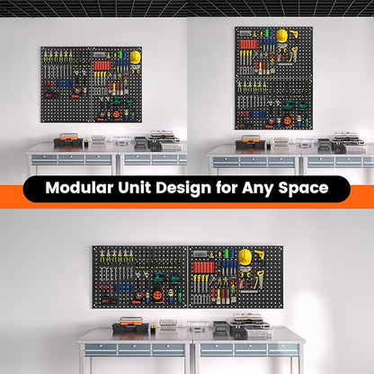 Pegboard, 2 PCS 24"×16" Metal Peg Board Panels Black Modular Wall Organizer Kit with 30 Hooks, Dual-Size Hole Design for Home Tool Storage, Garage Organization, Kitchen, Office, Craft Room