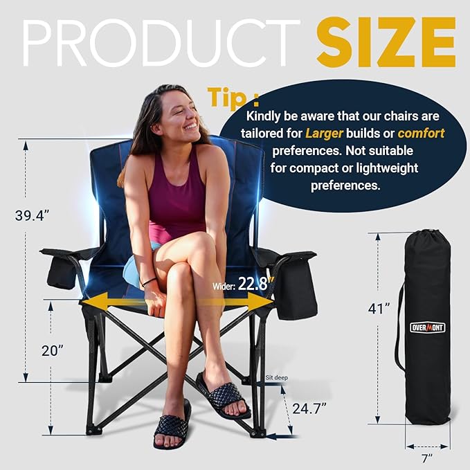 Overmont Oversized Folding Camping Chair - 450lbs Support with Padded Cushion Cooler Pockets - Heavy Duty Collapsible Chairs for Sports Garden Beach Fishing
