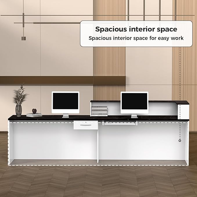 L Shape Reception Desk with Counter, Lockable Drawer, Keyboard Tray, and Double-Layer Storage for Salon, Office, or Clinic (White+Black/Right, 71" L*24" W*39" H)