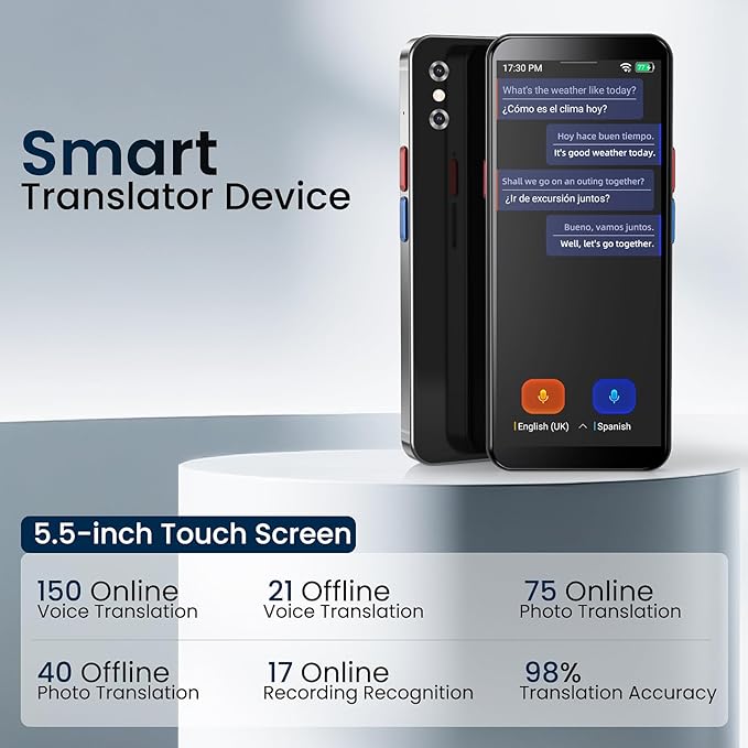 Language Translator Device, 5.5" High-end Upgraded Ai Translator No WiFi Needed, Support 150 Languages, Two Way Real-Time Voice Offline Recording Premium Translator Device for Business Travel