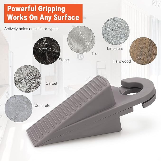 3 Pack Rubber Hook Type Door Stoppers 1 Inch Thick Door Stop Works on All Floor Surfaces, Control The Size of The Door Gaps and Prevent The Lock-Outs (Gray/Blue/Rose)