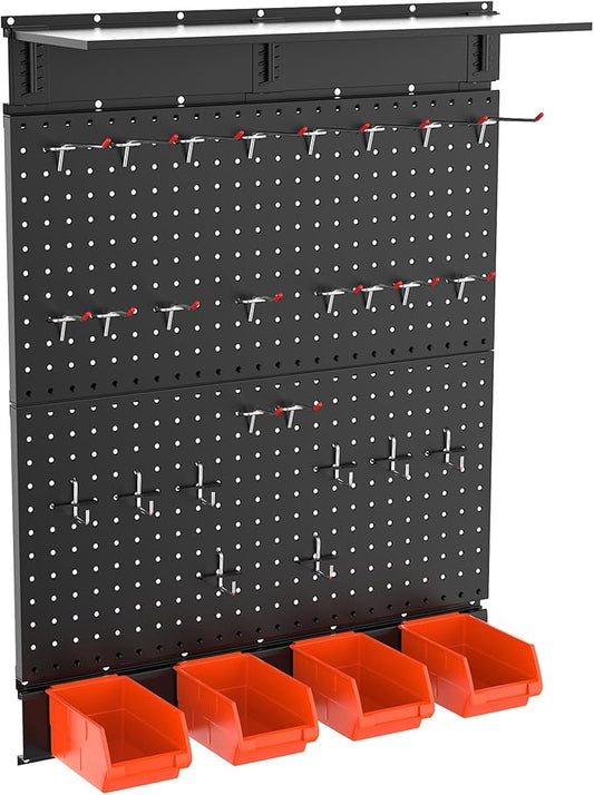 TORACK Garage Metal Pegboard with Accessories, Tools Organizer Peg Board with Pegboard Hooks, Bins, Tool Storage Pegboards for Wall(Black)