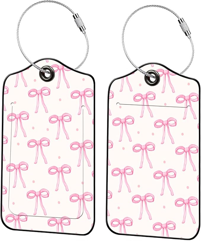 Luggage Tags for Suitcases, 2-Pack PU Leather for Cruise & Travel, Baggage ID Tags with Privacy Cover & Address Card, Durable Metal Ring, Kids Adults Travel Accessories, Blush Bows