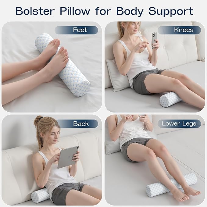 Neck Roll Pillow, Memory Foam Neck Support Pillows, Round Neck Pillows, Cylinder Bolster Pillows for Bed, Couch, and Yoga, Removable Washable Cover,18 * 4.3 * 4.3inch (Cool-Blue)