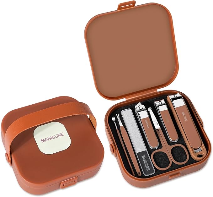 Nail Clippers Set for Men and Women 7 Pieces Stainless Steel Grooming Kits, Fingernail and Toenail Clipper Cutters with Luxurious Travel Case Nail Care Tools Manicure Pedicure Kit, Brown