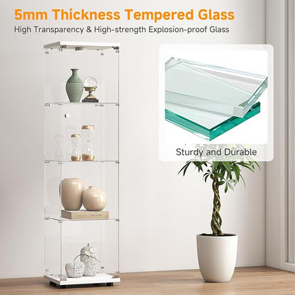 Tempered Glass Display Cabinet with Lights, 4-Tier Curio Cabinet with Glass Doors and Lock, Glass Display Case for Collectibles, for Living Room, Bedroom, Office, White, Single Door