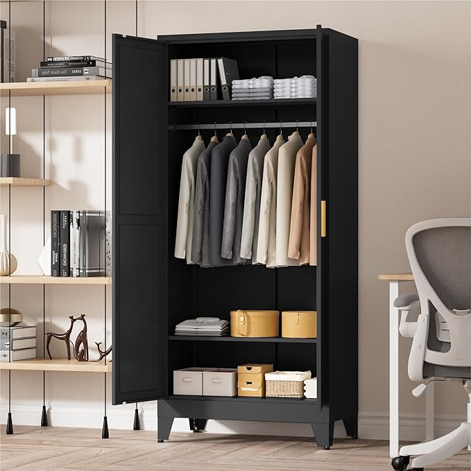 71" Tall Metal Wardrobe Closet with Adjustable Shelves and Hanging Rod, 2 Doors Free Standing Armoire Wardrobe Cabinet for Bedroom, Office, Laundry Room, Black