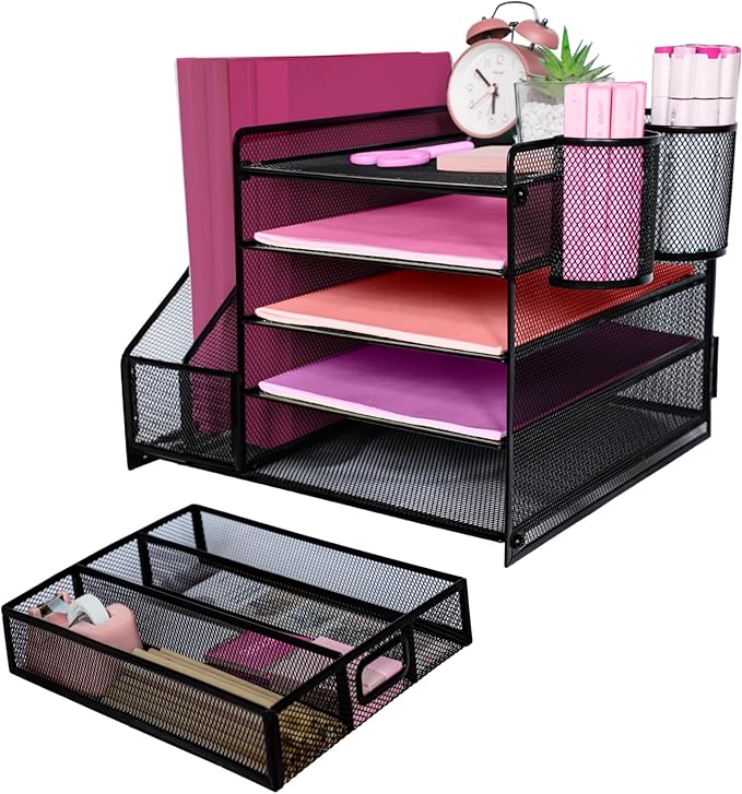Desk Organizers and Accessories with File Holder, 5-Tier Paper Letter Tray Organiser with Drawer and 2 Pen Holder, Mesh Desktop Document Organizer for Office Supplies, Workspace - Black