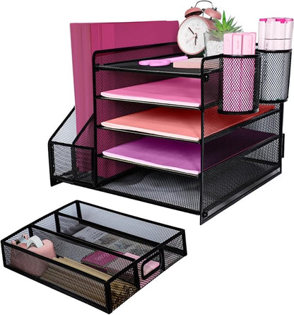Desk Organizers and Accessories with File Holder, 5-Tier Paper Letter Tray Organiser with Drawer and 2 Pen Holder, Mesh Desktop Document Organizer for Office Supplies, Workspace - Black