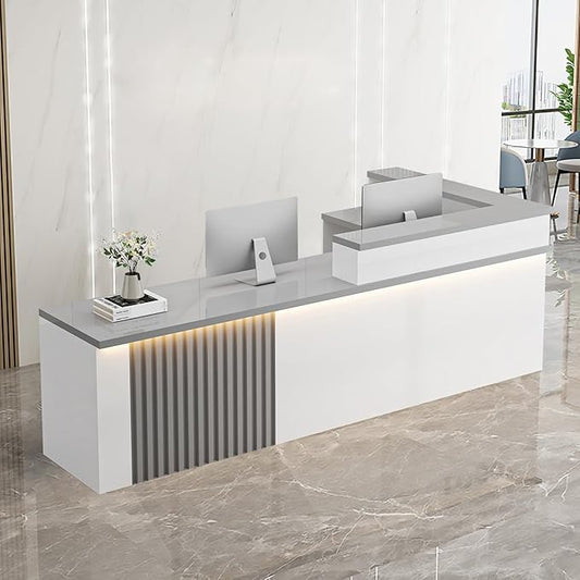 Receptionist Desk with LED Light，Wooden Salon Checkout Counter with Storage Drawer & Keyboard Tray Modern L-Shaped Reception Desk for Barbershop Office Company Store