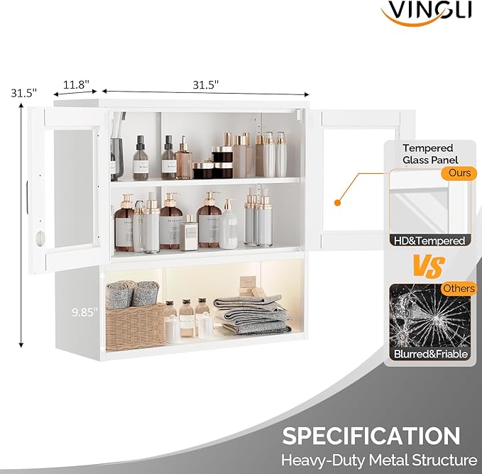 VINGLI Metal Wall Cabinet with Locking Glass Doors & Magnetic LED Sensor Light, Adjustable Shelf, Wall Mounted Storage Display Cabinets for Garage, Kitchen, Home Office, Warehouse, Living Room, White