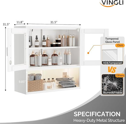 VINGLI Metal Wall Cabinet with Locking Glass Doors & Magnetic LED Sensor Light, Adjustable Shelf, Wall Mounted Storage Display Cabinets for Garage, Kitchen, Home Office, Warehouse, Living Room, White