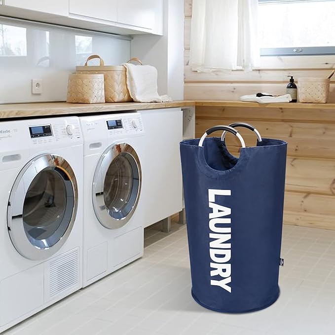 DOKEHOM 90L Large Laundry Basket, Collapsible Laundry Bag, Freestanding Tall Clothes Hamper, Foldable Washing Bin (Dark Blue)