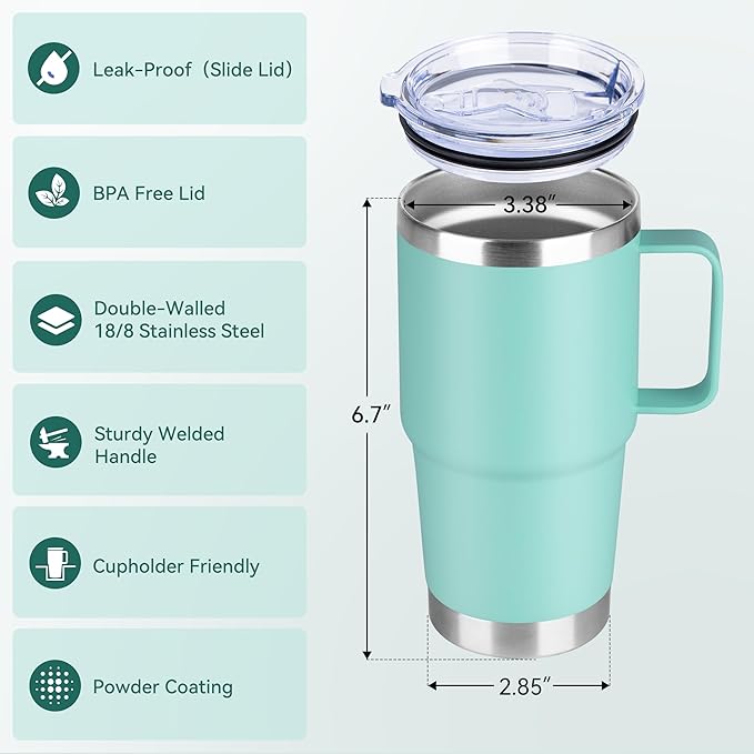 HASLE OUTFITTERS 20oz Tumbler Bulk with Lid, Stainless Steel Tumbler Bulk with Handle, Metal Insulated Travel Coffee Mug Set with Handle, Double Wall Vacuum Leak Proof Tumbler Cup, Mint Green 12 Pack