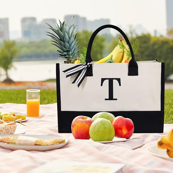 TOPDesign Embroidery Initial Canvas Tote Bag, Personalized Present Bag, Suitable for Wedding, Birthday, Beach, Holiday, is a Great Gift for Women, Mom, Teachers, Friends, Bridesmaids (Letter T)