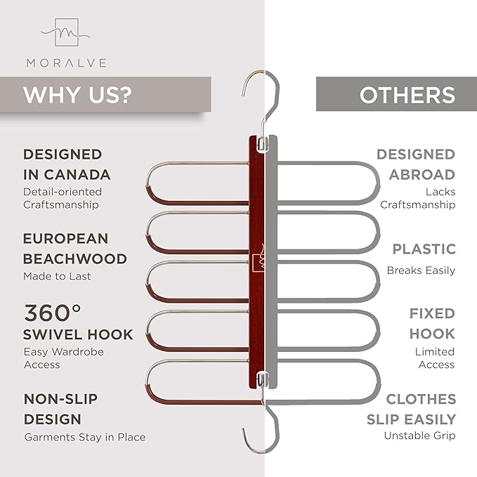 MORALVE Pants Hangers Space Saving - 2 Pack European Beechwood Scarf and Jean Hangers - Closet Organizer and Space Saver Pant Rack, Leggings Hanger, and Scarf Holder with 360° Swivel Hook