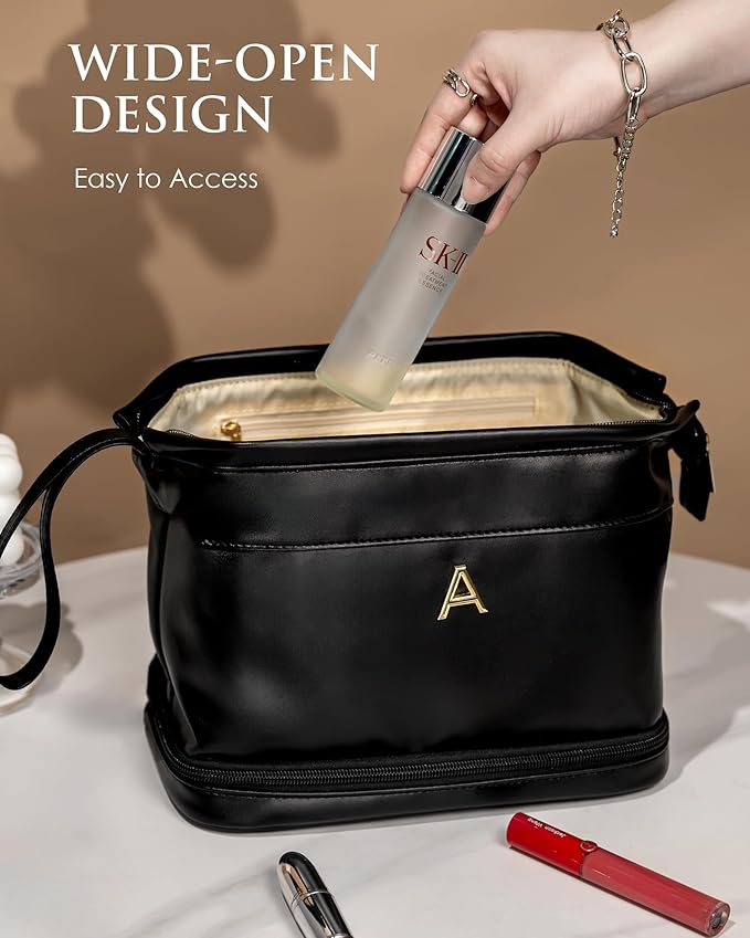 Gifts for Friends Female Mom, Initial Makeup Bag, Personalized Double Layer Cosmetic Bag with Makeup Brush Organizer, Waterproof, Large Capacity PU Leather Travel Toiletry Bag, Gift for Wife