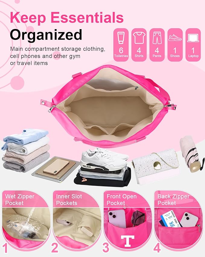 Overnight Bag for Kids Teen Girls Weekender Dance Bag Birthday Graduation Gifts,Initial Travel Duffel Bag Sports Gym Bag Personalized Weekender Bag Carry On Bags Preppy Gifts for Women(Hot Pink, T)