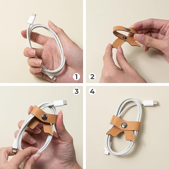 SenseAGE 5 Pack Cord Organizer, Bow Cord Keeper, Cable Organizer USB Holder, Leather Cable Management, Cable Straps, Earphone Winder, Storage Straps for Electronics, Earbuds (Moonlight Grey, Big)