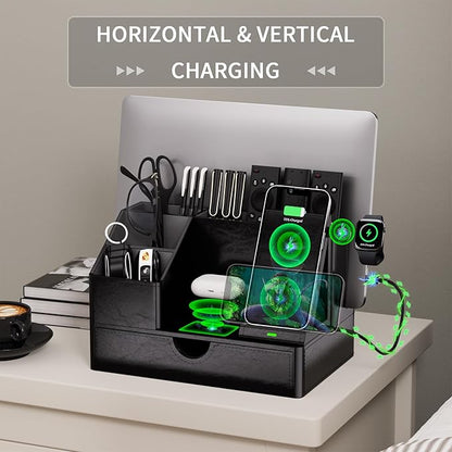 Black PU Leather Multi-Device Charging Station with Drawer - 6-in-1 Desktop Organizer for Phone, iPad, Tablet, Laptop, Watch, Headphones - Electronics Docking Hub & Storage Box for Office Home (Black)