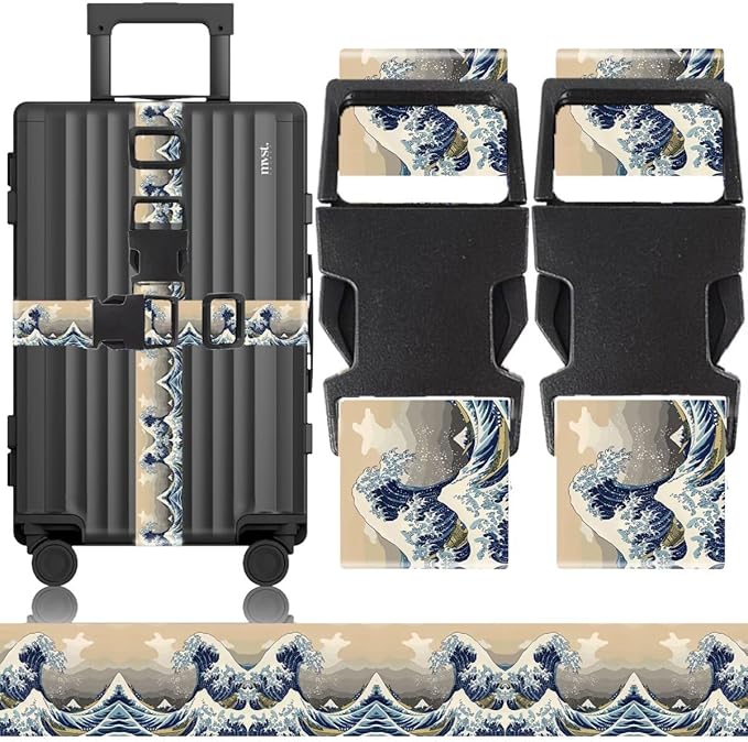 2 Pack Luggage Straps for Suitcases Adjustable Luggage Belt TSA Approved, Bright Colors Travel Packing Straps with Quick Release Buckle Unique Nylon for Sleeping Bag Car Seat, Wave