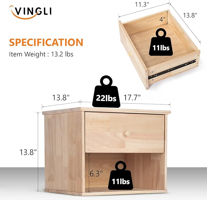 VINGLI Unfinished Natural Solid Wood Floating Nightstand for Bedroom, Small Nightstand with Drawer/Shelf, Farmhouse Night Stand Wall-Mounted Nightstand/Bedside Table for Small Space Color DIY