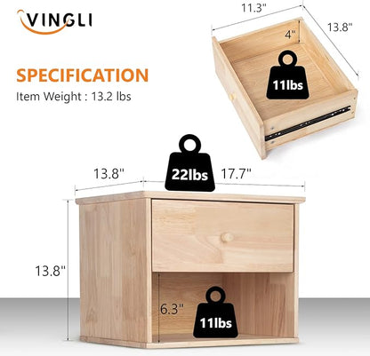 VINGLI Unfinished Natural Solid Wood Floating Nightstand for Bedroom, Small Nightstand with Drawer/Shelf, Farmhouse Night Stand Wall-Mounted Nightstand/Bedside Table for Small Space Color DIY