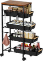 5-Tier Slim Storage Cart, Wooden Top Rolling Kitchen Cart with Pull-Out Baskets & Wheels, Narrow Space Utility Cart Slide Out Organizer for Kitchen, Bathroom, Laundry Room, Black