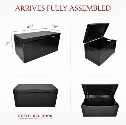 Amish Made Wooden Storage Chest Trunk Box with Lid and Handles for Bedroolanket, Clothes, Anti-Slam Hinges, Handmade, Rustic, Oak Wood, Onyx Stain, 42"