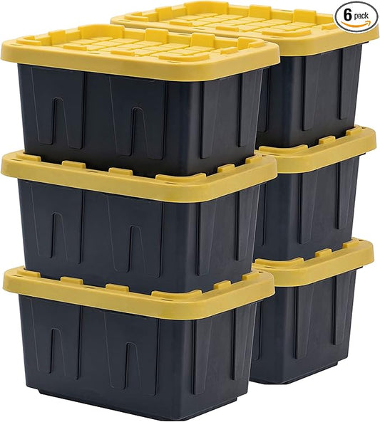 BLACK & YELLOW, 5-Gallon Heavy Duty Tough Storage Container & Snap-Tight Lid, (8.6"H x 12.3"W x 16.4"D), Weather-Resistant Design and Stackable Organization Tote [6 Pack]