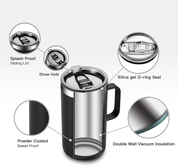 KXIAOCHEN 20oz Insulated Coffee Mug with Lid, Stainless Steel Coffee Cup, Double Wall Vacuum Coffee Tumbler with Handle, Premium Thermal Travel Coffee Mug (Black 2Pack)