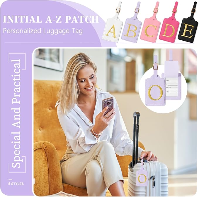 Personalized Initial Luggage Tags for Suitcase, Purple Leather Cute Luggage Tags with Privacy Cover Name Card, Embroidered Custom Monogrammed Luggage Tag Travel Backpack Tags Gifts for Women Kids(O)