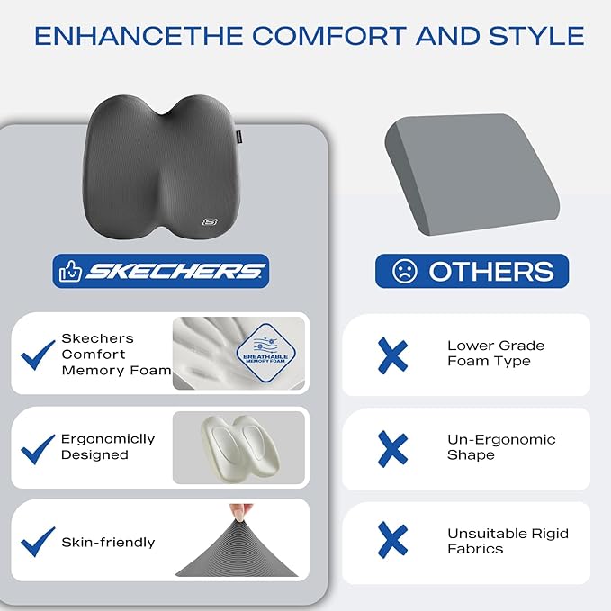 Skechers Memory Foam Seat Cushion,Ribbed Fabric Office Chair Cushion for Tailbone Pain Relief,Butt Pillow for Office Chair,Car Seat Cushion,Long Sitting Office Workers,and Car Drivers,Gray