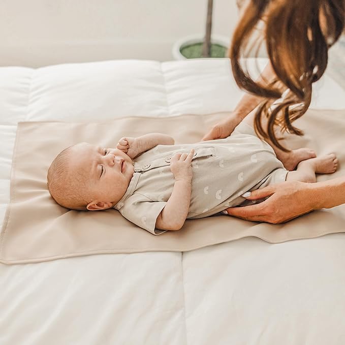 Konssy Faux Leather Baby Changing Mat, Waterproof, Wipeable & Portable Diaper Changing Pad for Travel or Home, Fits Perfectly in Diaper Bag, 32 x 20 inches (Brown,Beige)