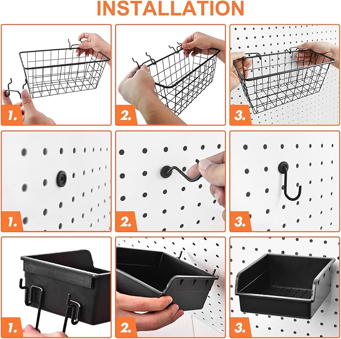 Pegboard Basket Organizers, Peg Board Large Baskets Hooks Bins Cups Tool Organizer 42 Pack Set, Wall Storage Display Hanging Accessories for Craft Office Stadio Shed Garage Organization (Black)