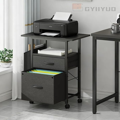 GYIIYUO 2 Drawer File Cabinet with 24'' Extended Desktop, Mobile Filing Cabinet, Rolling File Cabinet with Side Bag, Fabric Drawer, Fits A4/Letter Size, Printer Stand Home Office, Black