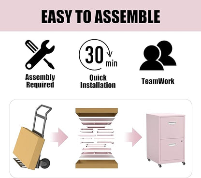 2 Drawer Mobile File Cabinet with Lock, Metal Filing Cabinets with Wheels, Pink Rolling Storage Cabinet, Under Desk Vertical File Cabinet for Home Office, Lockable Steel Two Drawer for Letter Size