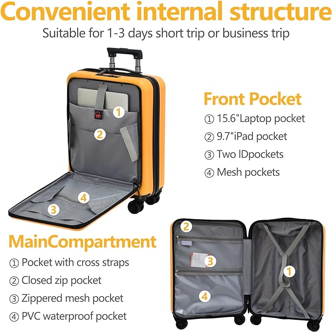 3Pcs (20/24/28) Luggage Set, HardShell Lightweight, Only 20" with Front Pocket, 21.65*15.35*7.87" Fits Overhead Cabin, 24" (26*17.7*10.2") and 28" (19.68*11.81*29.92") Checked Luggage, Orange