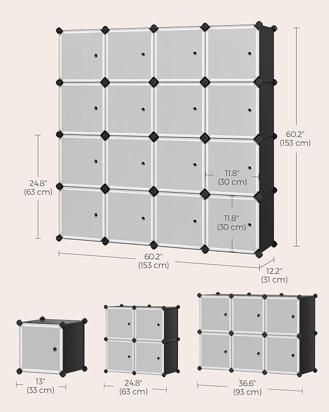SONGMICS Cube Storage Organizer, Set of 16 Plastic Cubes, Closet Storage Shelves, DIY Plastic Closet Cabinet, Modular Bookcase, Shelving with Doors for Bedroom, Living Room, Black and White ULPC44HS