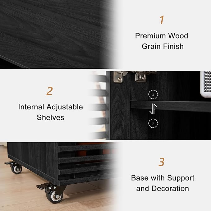 LEVNARY 5-Tier AV Media Cabinet with Grille Door, Modern Wooden Stereo Rack with Adjustable Shelves & Wheels, Audio Video Cabinet for Living Gaming Room Recording Studio (Black)