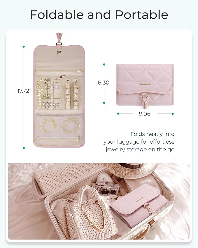 BAGSMART Travel Jewelry Case Organizer, Roll Foldable Jewelry Case for Journey-Rings, Necklaces, Earrings, Bracelets, Brooches, Portable Travel Essentials, Green