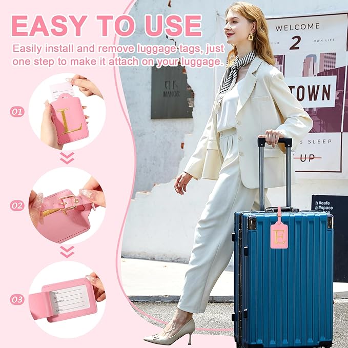 Personalized Initial Luggage Tags for Suitcase, Pink Leather Cute Luggage Tags with Privacy Cover Name Card, Embroidered Custom Monogrammed Luggage Tag Travel Bag Baggage Tags Gifts for Women Kids(E)