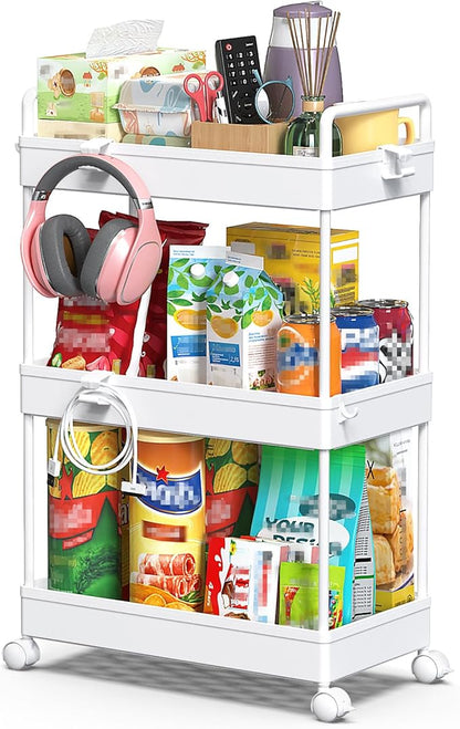 SOLEJAZZ 3 Tier Rolling Storage Cart with Wheels Slim Craft Nail Makeup Snack Art Baby Utility Cart Organizer on 2 Lockable Wheels for Bathroom Laundry Room Kitchen Bedside Narrow Spaces, White